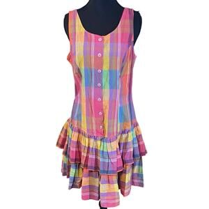 Vintage 90s By Choice Rainbow Madras Plaid Ruffle Hem Cotton Dress Size 11